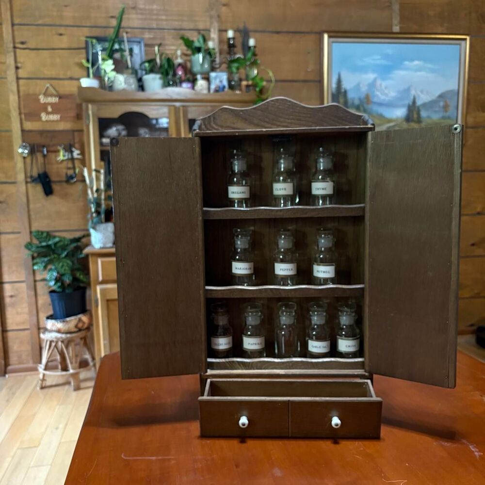Vintage Whimsigoth Cottage Antique Apothecary Wooden Spice Rack Wall Cabinet